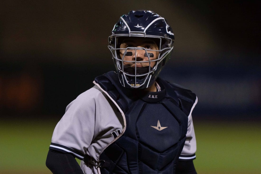 Aug 25, 2022; Oakland, California, USA;  New York Yankees catcher Jose Trevino (39) during the third inning against the Oakland Athletics at RingCentral Coliseum. Mandatory Credit: Stan Szeto-USA TODAY Sports