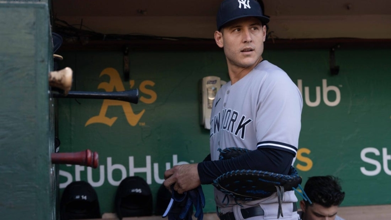 Aug 25, 2022; Oakland, California, USA;  New York Yankees first baseman Anthony Rizzo (48) looks out onto the field from the dugout before the start of the first inning against the Oakland Athletics at RingCentral Coliseum. Mandatory Credit: Stan Szeto-USA TODAY Sports