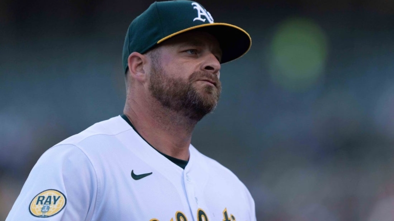 Aug 25, 2022; Oakland, California, USA;  Oakland Athletics catcher Stephen Vogt (21) during the first inning against the New York Yankees at RingCentral Coliseum. Mandatory Credit: Stan Szeto-USA TODAY Sports