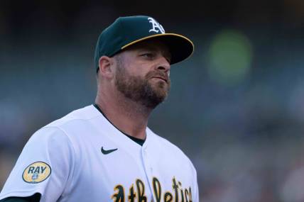 Aug 25, 2022; Oakland, California, USA;  Oakland Athletics catcher Stephen Vogt (21) during the first inning against the New York Yankees at RingCentral Coliseum. Mandatory Credit: Stan Szeto-USA TODAY Sports