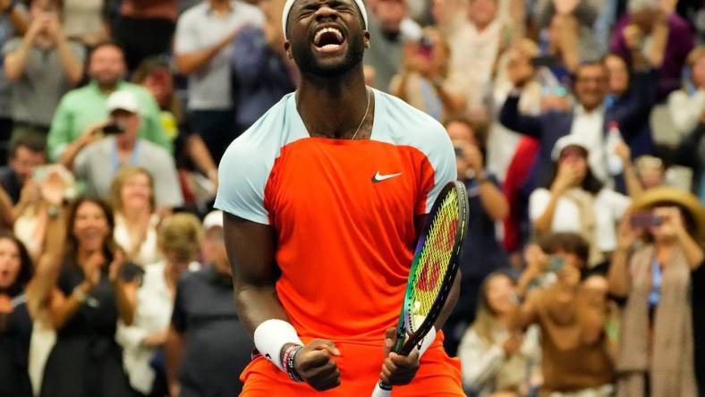 Sept 7, 2022; Flushing, NY, USA; Frances Tiafoe of the USA after beating  Andrey Rublev on day ten of the 2022 U.S. Open tennis tournament at USTA Billie Jean King National Tennis Center. Mandatory Credit: Robert Deutsch-USA TODAY Sports