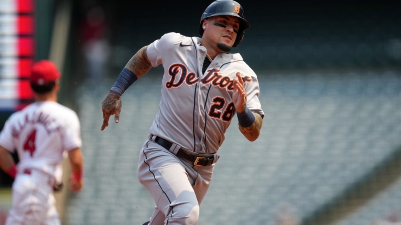 Sep 7, 2022; Anaheim, California, USA; Detroit Tigers designated hitter Javier Baez (28) runs to third base in the first inning against the Los Angeles Angels at Angel Stadium. Mandatory Credit: Kirby Lee-USA TODAY Sports