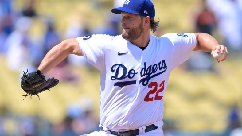 Sep 7, 2022; Los Angeles, California, USA;  Los Angeles Dodgers starting pitcher Clayton Kershaw (22) throws to the plate in the first inning against the San Francisco Giants at Dodger Stadium. Mandatory Credit: Jayne Kamin-Oncea-USA TODAY Sports