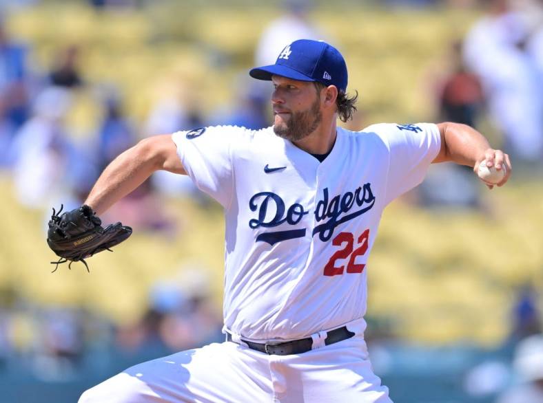 Sep 7, 2022; Los Angeles, California, USA;  Los Angeles Dodgers starting pitcher Clayton Kershaw (22) throws to the plate in the first inning against the San Francisco Giants at Dodger Stadium. Mandatory Credit: Jayne Kamin-Oncea-USA TODAY Sports