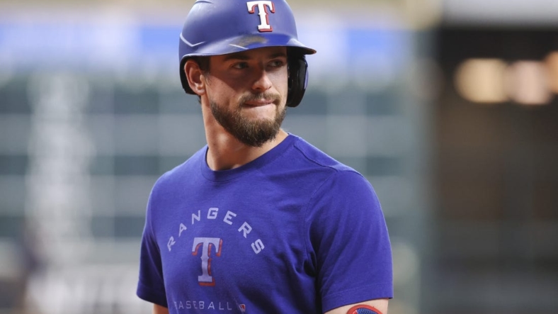 Sep 7, 2022; Houston, Texas, USA; Texas Rangers designated hitter Nick Solak (15) during batting practice before the game against the Houston Astros at Minute Maid Park. Mandatory Credit: Troy Taormina-USA TODAY Sports