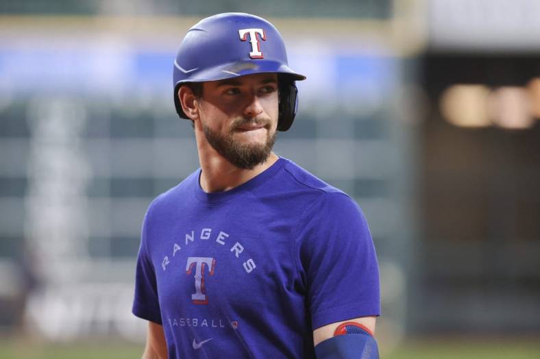 Sep 7, 2022; Houston, Texas, USA; Texas Rangers designated hitter Nick Solak (15) during batting practice before the game against the Houston Astros at Minute Maid Park. Mandatory Credit: Troy Taormina-USA TODAY Sports