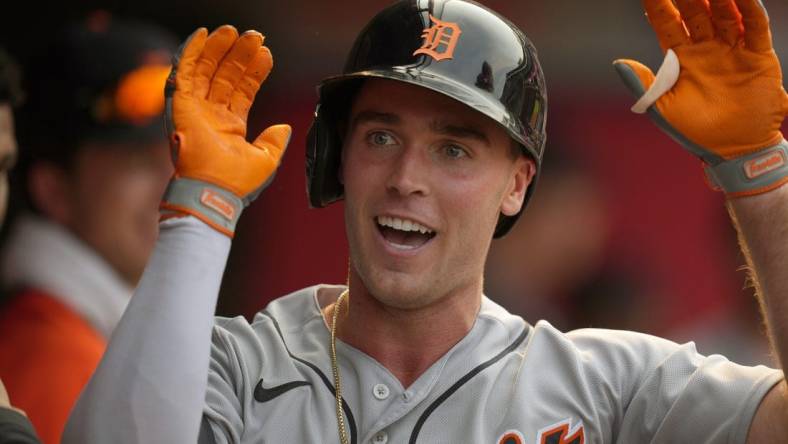 Sep 7, 2022; Anaheim, California, USA; Detroit Tigers left fielder Kerry Carpenter (48) celebrates after hitting a solo home run in the ninth inning against the Los Angeles Angels at Angel Stadium. Mandatory Credit: Kirby Lee-USA TODAY Sports