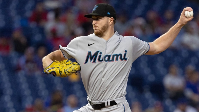 Sep 7, 2022; Philadelphia, Pennsylvania, USA; Miami Marlins starting pitcher Trevor Rogers (28) throws a pitch during the second inning against the Philadelphia Phillies at Citizens Bank Park. Mandatory Credit: Bill Streicher-USA TODAY Sports