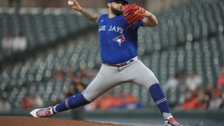 Sep 7, 2022; Baltimore, Maryland, USA; Toronto Blue Jays starting pitcher Alek Manoah (6) pitches against the Baltimore Orioles in the first inning at Oriole Park at Camden Yards. Mandatory Credit: Jessica Rapfogel-USA TODAY Sports