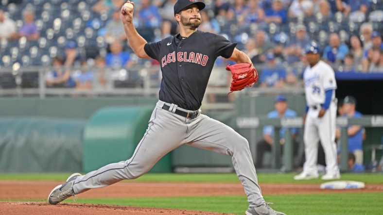 Sep 7, 2022; Kansas City, Missouri, USA; Cleveland Guardians starting pitcher Cody Morris (36) delivers a pitch during the first inning against the Kansas City Royals at Kauffman Stadium. Mandatory Credit: Peter Aiken-USA TODAY Sports