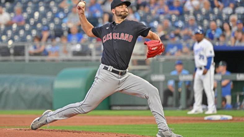 Sep 7, 2022; Kansas City, Missouri, USA; Cleveland Guardians starting pitcher Cody Morris (36) delivers a pitch during the first inning against the Kansas City Royals at Kauffman Stadium. Mandatory Credit: Peter Aiken-USA TODAY Sports