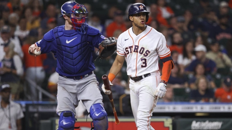 Sep 7, 2022; Houston, Texas, USA; Houston Astros shortstop Jeremy Pena (3) reacts after striking out during the third inning against the Texas Rangers at Minute Maid Park. Mandatory Credit: Troy Taormina-USA TODAY Sports