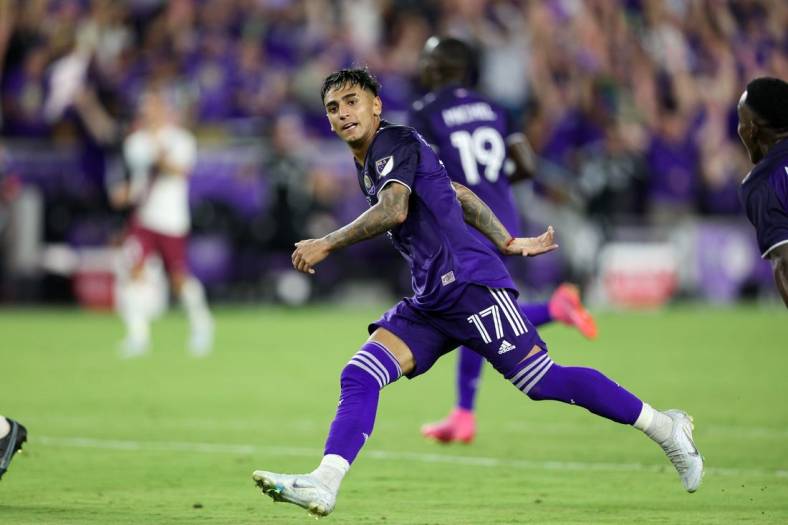 Sep 7, 2022; Orlando, Florida, US;   Orlando City forward Facundo Torres (17) reacts after scoring a goal against Sacramento Republic in the second half during the US Open Cup Final at Exploria Stadium. Mandatory Credit: Nathan Ray Seebeck-USA TODAY Sports