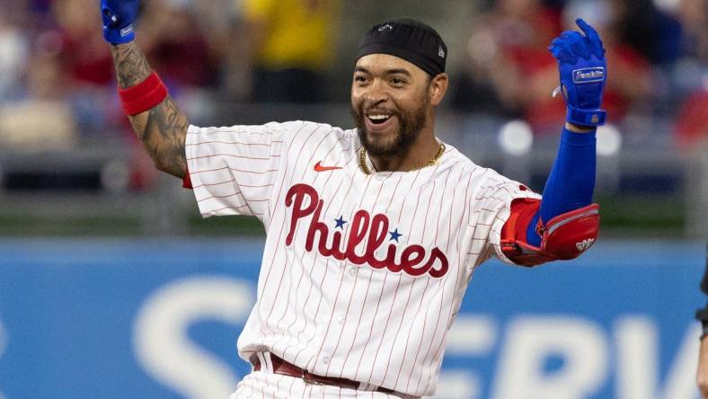 Sep 7, 2022; Philadelphia, Pennsylvania, USA; Philadelphia Phillies shortstop Edmundo Sosa (33) reacts after hitting an RBI double during the seventh inning against the Miami Marlins at Citizens Bank Park. Mandatory Credit: Bill Streicher-USA TODAY Sports