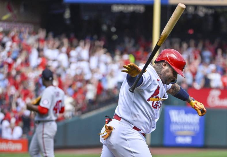 Sep 8, 2022; St. Louis, Missouri, USA;  St. Louis Cardinals catcher Yadier Molina (4) reacts after hitting a two run home run off of Washington Nationals starting pitcher Josiah Gray (40) during the second inning at Busch Stadium. Mandatory Credit: Jeff Curry-USA TODAY Sports