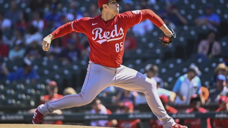 Sep 8, 2022; Chicago, Illinois, USA;  Cincinnati Reds starting pitcher Luis Cessa (85) delivers against the Chicago Cubs during the first inning at Wrigley Field. Mandatory Credit: Matt Marton-USA TODAY Sports