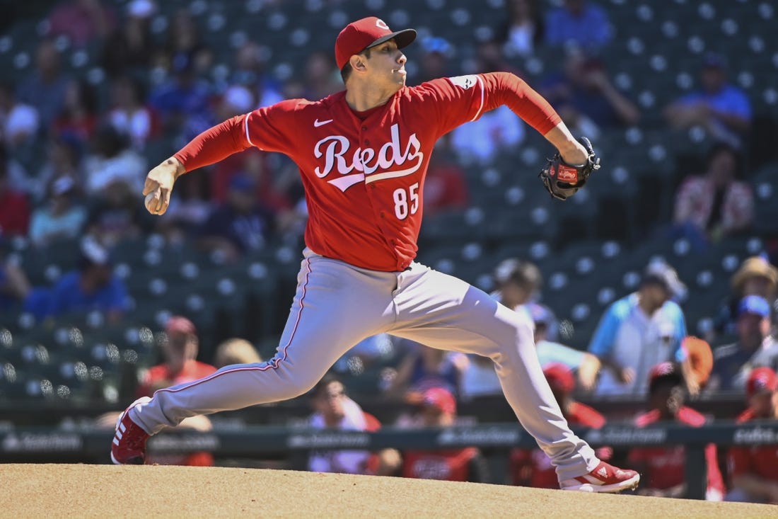 Sep 8, 2022; Chicago, Illinois, USA;  Cincinnati Reds starting pitcher Luis Cessa (85) delivers against the Chicago Cubs during the first inning at Wrigley Field. Mandatory Credit: Matt Marton-USA TODAY Sports