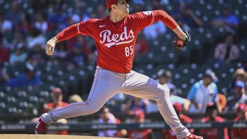 Sep 8, 2022; Chicago, Illinois, USA;  Cincinnati Reds starting pitcher Luis Cessa (85) delivers against the Chicago Cubs during the first inning at Wrigley Field. Mandatory Credit: Matt Marton-USA TODAY Sports