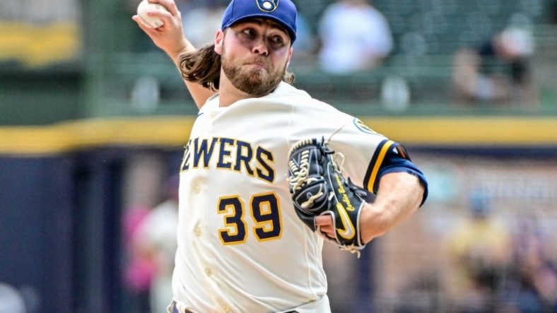 Sep 8, 2022; Milwaukee, Wisconsin, USA; Milwaukee Brewers pitcher Corbin Burnes (39) throws a pitch in the first inning against the San Francisco Giants at American Family Field. Mandatory Credit: Benny Sieu-USA TODAY Sports