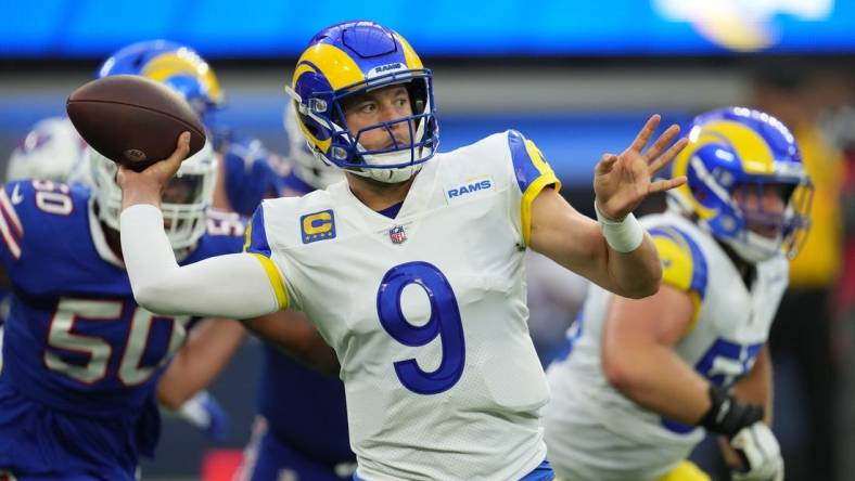 Sep 8, 2022; Inglewood, California, USA; Los Angeles Rams quarterback Matthew Stafford (9) throws the ball in the first quarter against the Buffalo Bills at SoFi Stadium. Mandatory Credit: Kirby Lee-USA TODAY Sports