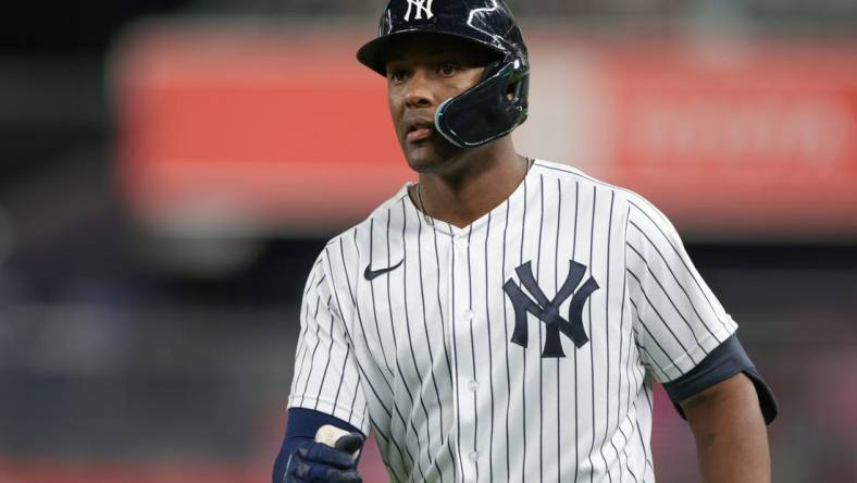 Sep 8, 2022; Bronx, New York, USA; New York Yankees designated hitter Miguel Andujar (41) reacts after a single during the fourth inning against the Minnesota Twins at Yankee Stadium. Mandatory Credit: Vincent Carchietta-USA TODAY Sports