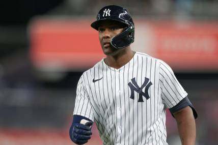 Sep 8, 2022; Bronx, New York, USA; New York Yankees designated hitter Miguel Andujar (41) reacts after a single during the fourth inning against the Minnesota Twins at Yankee Stadium. Mandatory Credit: Vincent Carchietta-USA TODAY Sports