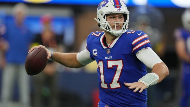 Sep 8, 2022; Inglewood, California, USA; Buffalo Bills quarterback Josh Allen (17) looks to throw the ball in the second quarter against the Los Angeles Rams at SoFi Stadium. Mandatory Credit: Kirby Lee-USA TODAY Sports