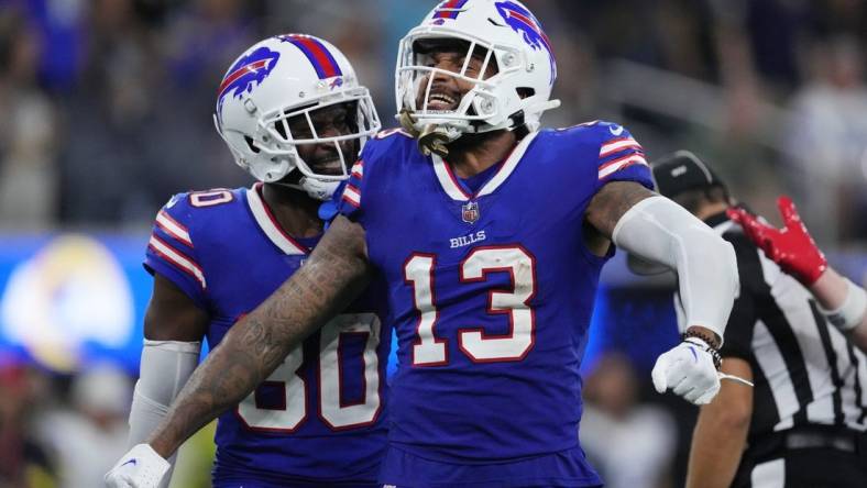 Sep 8, 2022; Inglewood, California, USA; Buffalo Bills wide receiver Gabe Davis (13) celebrates a play in the third quarter against the Los Angeles Rams at SoFi Stadium. Mandatory Credit: Kirby Lee-USA TODAY Sports