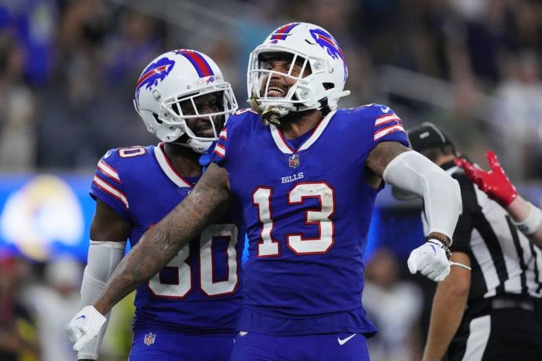 Sep 8, 2022; Inglewood, California, USA; Buffalo Bills wide receiver Gabe Davis (13) celebrates a play in the third quarter against the Los Angeles Rams at SoFi Stadium. Mandatory Credit: Kirby Lee-USA TODAY Sports