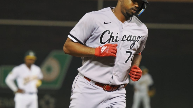 Sep 8, 2022; Oakland, California, USA; Chicago White Sox designated hitter Eloy Jimenez (74) rounds the bases after hitting a two-run home run against the Oakland Athletics during the fourth inning at RingCentral Coliseum. Mandatory Credit: Kelley L Cox-USA TODAY Sports