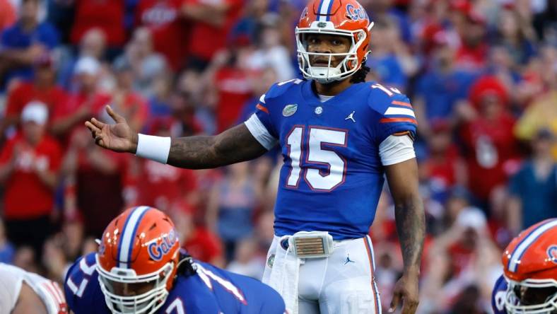 Sep 3, 2022; Gainesville, Florida, USA; Florida Gators quarterback Anthony Richardson (15) during the first quarter at Steve Spurrier-Florida Field. Mandatory Credit: Kim Klement-USA TODAY Sports