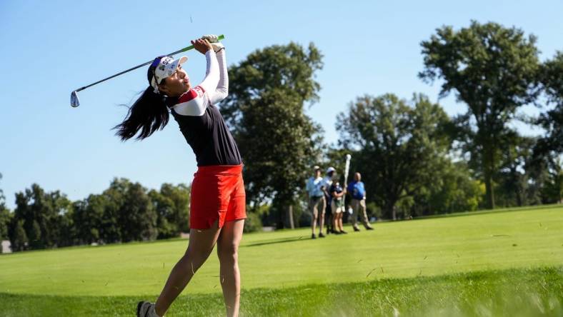 Atthaya Thitikul swings on hole No. 17 at the 2022 Kroger Queen City Championship golf tournament on Friday September 9, 2022 at the Kenwood Country Club in Madeira, Ohio.