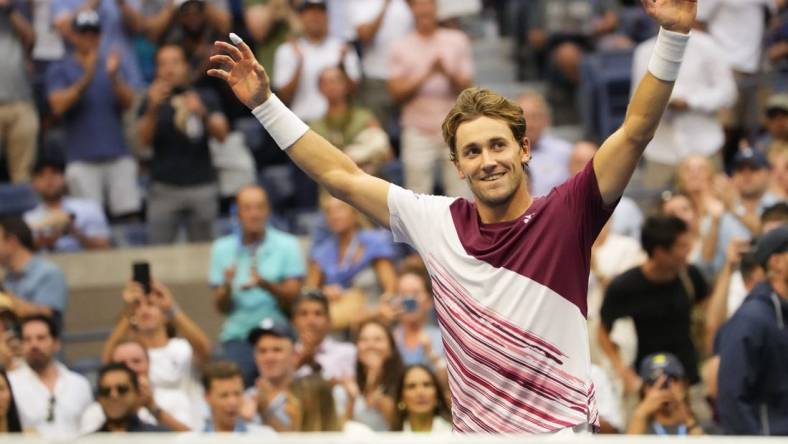 Sep 9, 2022; Flushing, NY, USA; Casper Ruud (NOR) celebrates after his match against Karen Khachanov (not pictured) in a men's singles semifinal on day twelve of the 2022 U.S. Open tennis tournament at USTA Billie Jean King Tennis Center. Mandatory Credit: Robert Deutsch-USA TODAY Sports