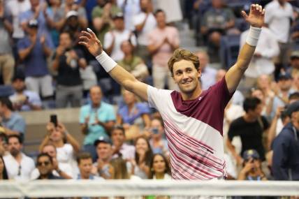 Sep 9, 2022; Flushing, NY, USA; Casper Ruud (NOR) celebrates after his match against Karen Khachanov (not pictured) in a men's singles semifinal on day twelve of the 2022 U.S. Open tennis tournament at USTA Billie Jean King Tennis Center. Mandatory Credit: Robert Deutsch-USA TODAY Sports