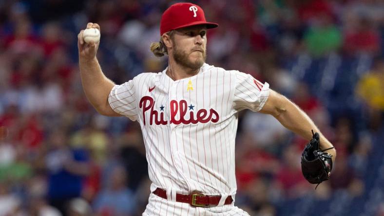 Sep 9, 2022; Philadelphia, Pennsylvania, USA; Philadelphia Phillies starting pitcher Noah Syndergaard (43) throws a pitch during the second inning against the Washington Nationals at Citizens Bank Park. Mandatory Credit: Bill Streicher-USA TODAY Sports