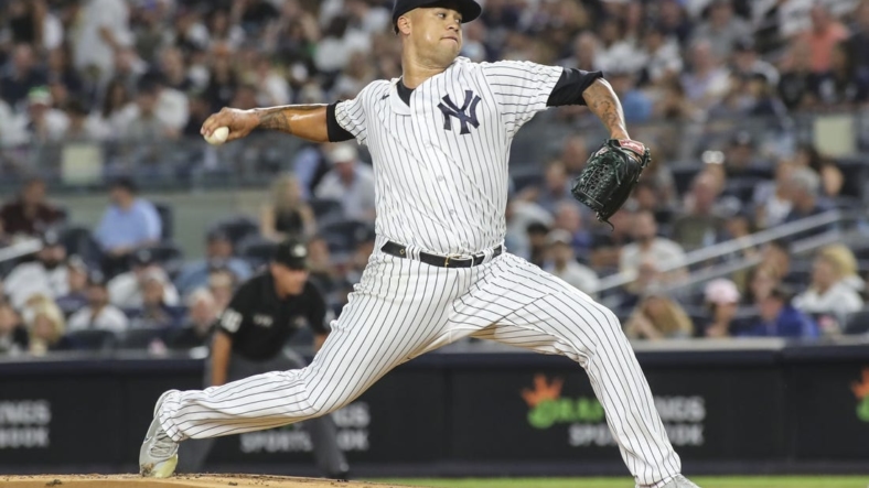 Sep 9, 2022; Bronx, New York, USA;  New York Yankees starting pitcher Frankie Montas (47) pitches in the first inning against the Tampa Bay Rays at Yankee Stadium. Mandatory Credit: Wendell Cruz-USA TODAY Sports