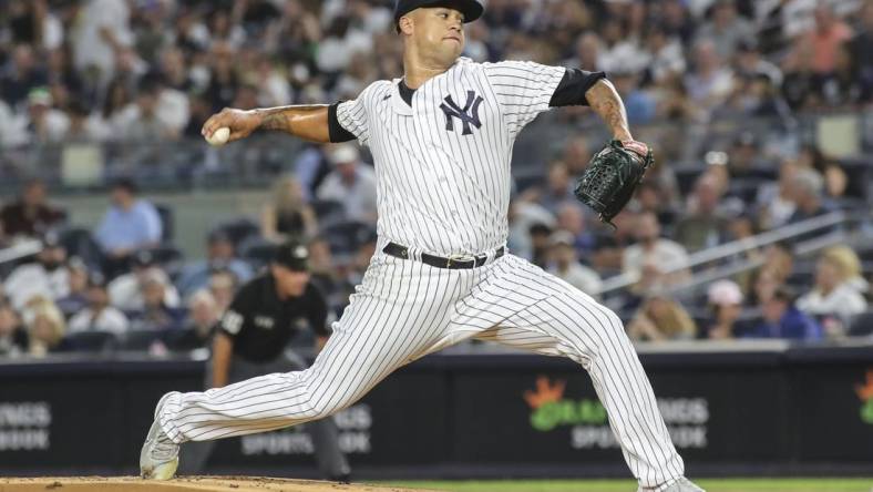 Sep 9, 2022; Bronx, New York, USA;  New York Yankees starting pitcher Frankie Montas (47) pitches in the first inning against the Tampa Bay Rays at Yankee Stadium. Mandatory Credit: Wendell Cruz-USA TODAY Sports