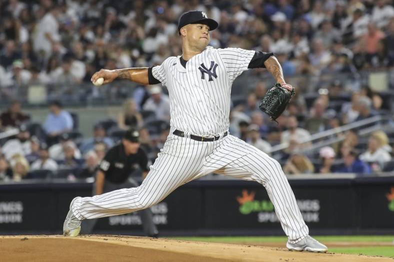 Sep 9, 2022; Bronx, New York, USA;  New York Yankees starting pitcher Frankie Montas (47) pitches in the first inning against the Tampa Bay Rays at Yankee Stadium. Mandatory Credit: Wendell Cruz-USA TODAY Sports