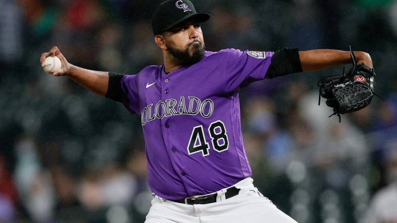 Sep 9, 2022; Denver, Colorado, USA; Colorado Rockies starting pitcher German Marquez (48) pitches in the third inning against the Arizona Diamondbacks at Coors Field. Mandatory Credit: Isaiah J. Downing-USA TODAY Sports