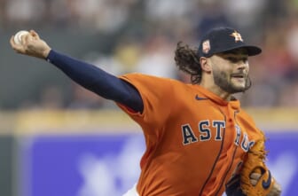 Sep 9, 2022; Houston, Texas, USA; Houston Astros starting pitcher Lance McCullers Jr. (43) pitches against the Los Angeles Angels in the fifth inning at Minute Maid Park. Mandatory Credit: Thomas Shea-USA TODAY Sports
