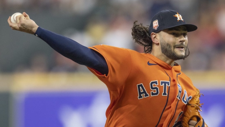 Sep 9, 2022; Houston, Texas, USA; Houston Astros starting pitcher Lance McCullers Jr. (43) pitches against the Los Angeles Angels in the fifth inning at Minute Maid Park. Mandatory Credit: Thomas Shea-USA TODAY Sports