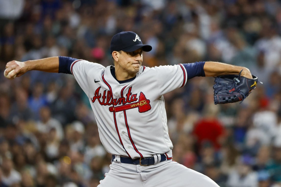 Sep 9, 2022; Seattle, Washington, USA; Atlanta Braves starting pitcher Charlie Morton (50) throws against the Seattle Mariners during the third inning at T-Mobile Park. Mandatory Credit: Joe Nicholson-USA TODAY Sports