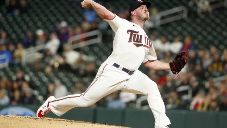 Sep 9, 2022; Minneapolis, Minnesota, USA;  Minnesota Twins starting pitcher Dylan Bundy (37) pitches against the Cleveland Guardians at Target Field. Mandatory Credit: Bruce Kluckhohn-USA TODAY Sports