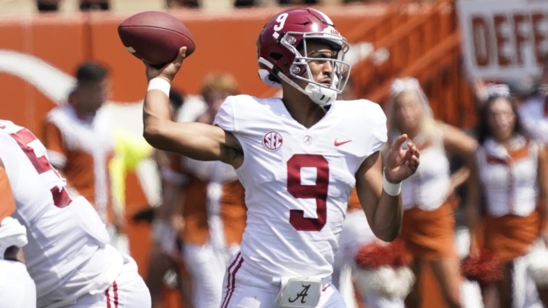Sep 10, 2022; Austin, Texas, USA; Alabama Crimson Tide quarterback Bryce Young (9) throws a pass against the Texas Longhorns during the first half at at Darrell K Royal-Texas Memorial Stadium. Mandatory Credit: Scott Wachter-USA TODAY Sports