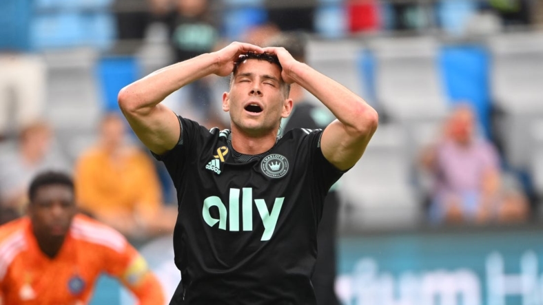 Sep 10, 2022; Charlotte, North Carolina, USA; Charlotte FC midfielder Brandt Bronico (13) reacts after missing a goal in the first half at Bank of America Stadium. Mandatory Credit: Bob Donnan-USA TODAY Sports