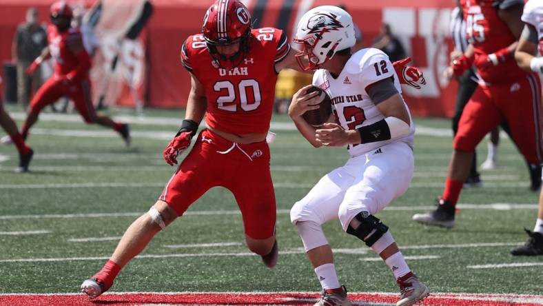 Sep 10, 2022; Salt Lake City, Utah, USA; Utah Utes linebacker Lander Barton (20) prepares to sack Southern Utah Thunderbirds quarterback Justin Miller (12) in the second quarter at Rice-Eccles Stadium. Mandatory Credit: Rob Gray-USA TODAY Sports