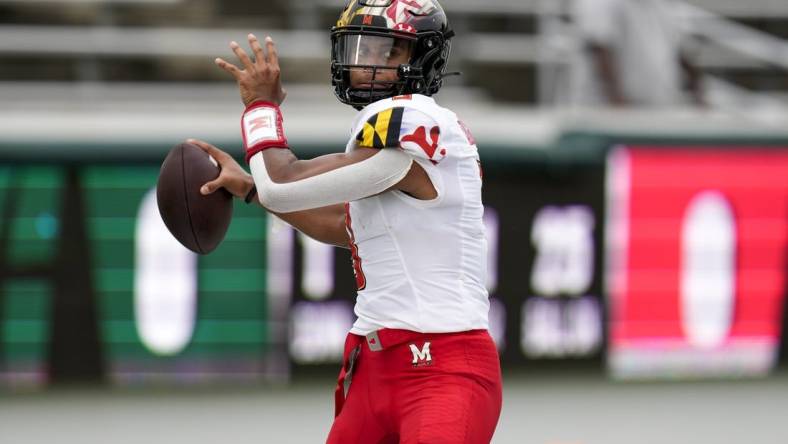 Sep 10, 2022; Charlotte, North Carolina, USA;  Maryland Terrapins quarterback Taulia Tagovailoa (3) makes a throw during pregame activity against the Charlotte 49ers  at Jerry Richardson Stadium. Mandatory Credit: Jim Dedmon-USA TODAY Sports