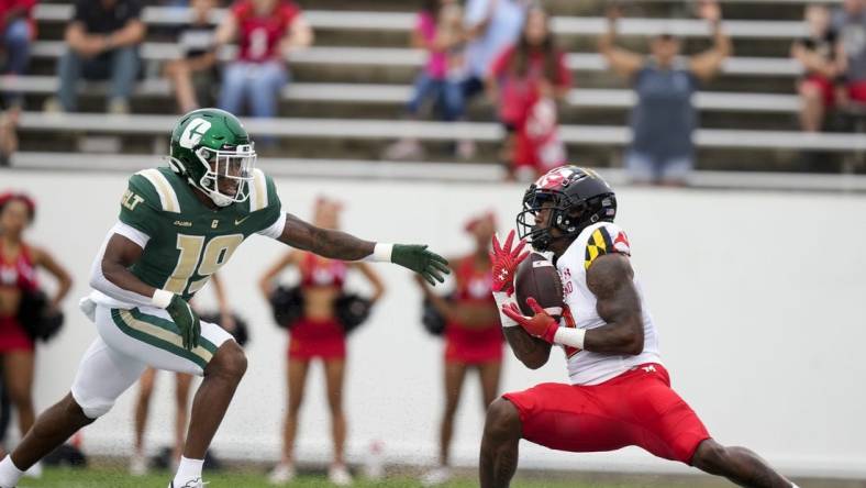 Sep 10, 2022; Charlotte, North Carolina, USA;  Maryland Terrapins wide receiver Jacob Copeland (2) makes a catch in the end zone defended by Charlotte 49ers defensive back Comanche Francisco (19) during the first quarter at Jerry Richardson Stadium. Mandatory Credit: Jim Dedmon-USA TODAY Sports