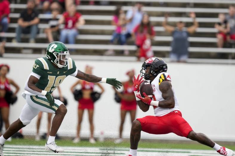 Sep 10, 2022; Charlotte, North Carolina, USA;  Maryland Terrapins wide receiver Jacob Copeland (2) makes a catch in the end zone defended by Charlotte 49ers defensive back Comanche Francisco (19) during the first quarter at Jerry Richardson Stadium. Mandatory Credit: Jim Dedmon-USA TODAY Sports