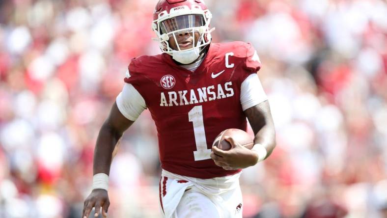 Sep 10, 2022; Fayetteville, Arkansas, USA; Arkansas Razorbacks quarterback KJ Jefferson (1) rushes in the fourth quarter against the South Carolina Gamecocks at Donald W. Reynolds Razorback Stadium. Arkansas won 44-30. Mandatory Credit: Nelson Chenault-USA TODAY Sports